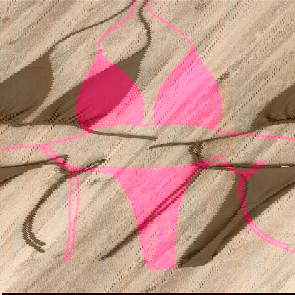 Women Thong Bikini Set Side Tie Sexy Swimsuit Bandage Style Brazilian Swimwear Neck Hanging Solid Color Adjustable Swimsuit Set - Slobuy