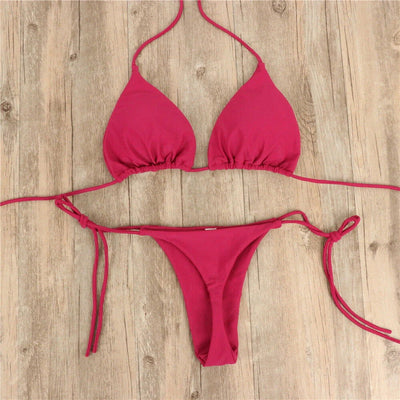 Women Thong Bikini Set Side Tie Sexy Swimsuit Bandage Style Brazilian Swimwear Neck Hanging Solid Color Adjustable Swimsuit Set - Slobuy