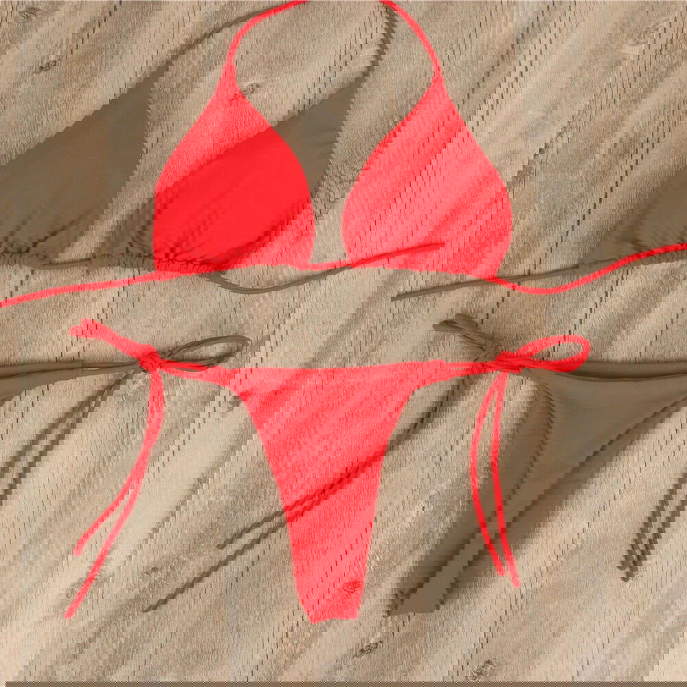 Women Thong Bikini Set Side Tie Sexy Swimsuit Bandage Style Brazilian Swimwear Neck Hanging Solid Color Adjustable Swimsuit Set - Slobuy