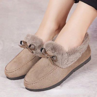 Women Winter Casual Shoes New Moccasins Soft Flat Non-slip Loafers Fashion Comfort Warm Plush Bow Slip on Female Cotton Shoes - Slobuy