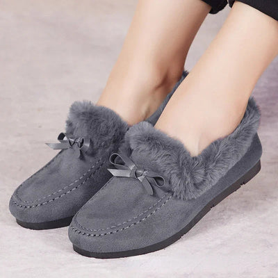 Women Winter Casual Shoes New Moccasins Soft Flat Non-slip Loafers Fashion Comfort Warm Plush Bow Slip on Female Cotton Shoes - Slobuy