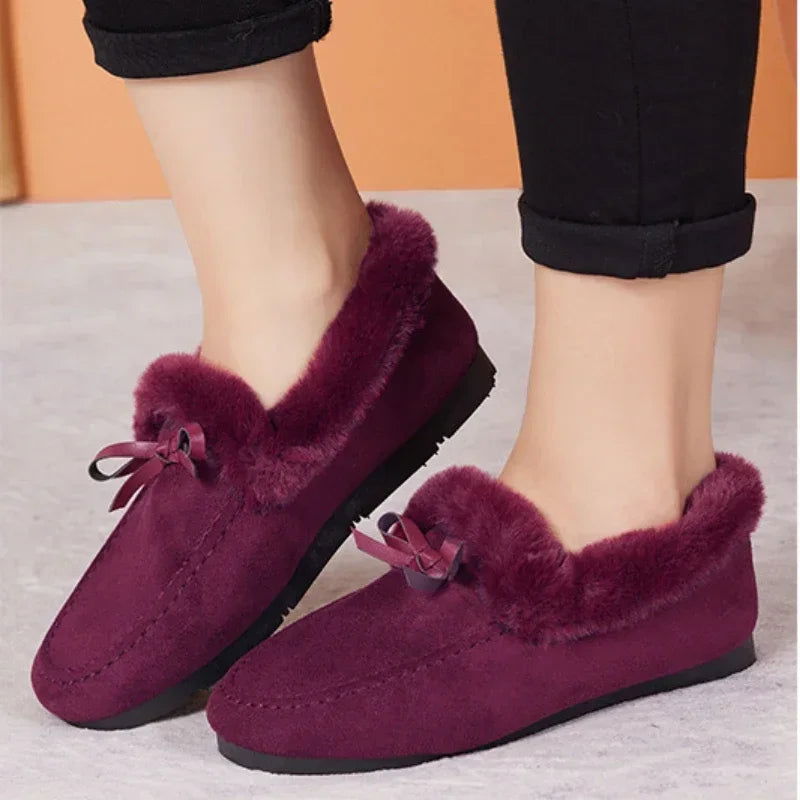 Women Winter Casual Shoes New Moccasins Soft Flat Non-slip Loafers Fashion Comfort Warm Plush Bow Slip on Female Cotton Shoes - Slobuy