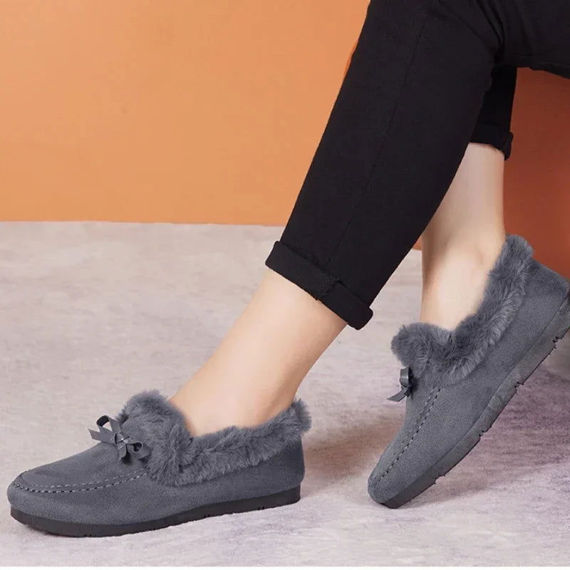 Women Winter Casual Shoes New Moccasins Soft Flat Non-slip Loafers Fashion Comfort Warm Plush Bow Slip on Female Cotton Shoes - Slobuy