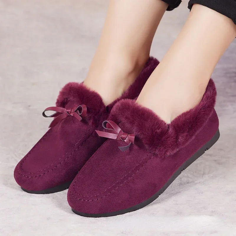 Women Winter Casual Shoes New Moccasins Soft Flat Non-slip Loafers Fashion Comfort Warm Plush Bow Slip on Female Cotton Shoes - Slobuy