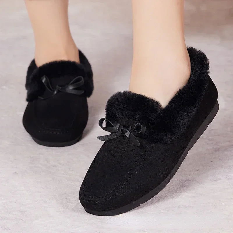 Women Winter Casual Shoes New Moccasins Soft Flat Non-slip Loafers Fashion Comfort Warm Plush Bow Slip on Female Cotton Shoes - Slobuy