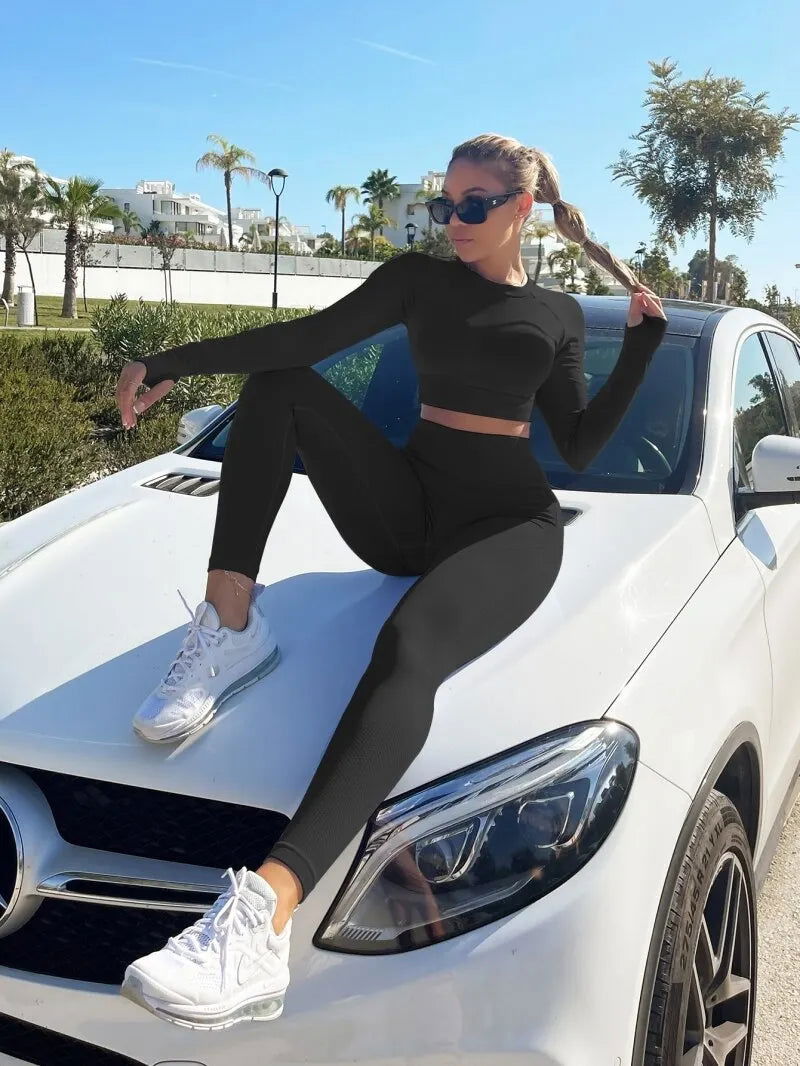 Women Yoga Sets Workout 2 Pieces Seamless Sportswear Gym Clothing Tracksuit Long Sleeve Crop Top High Waist Leggings for Fitness - Slobuy