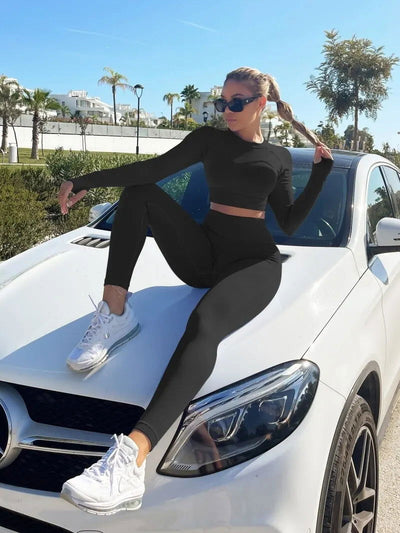 Women Yoga Sets Workout 2 Pieces Seamless Sportswear Gym Clothing Tracksuit Long Sleeve Crop Top High Waist Leggings for Fitness - Slobuy