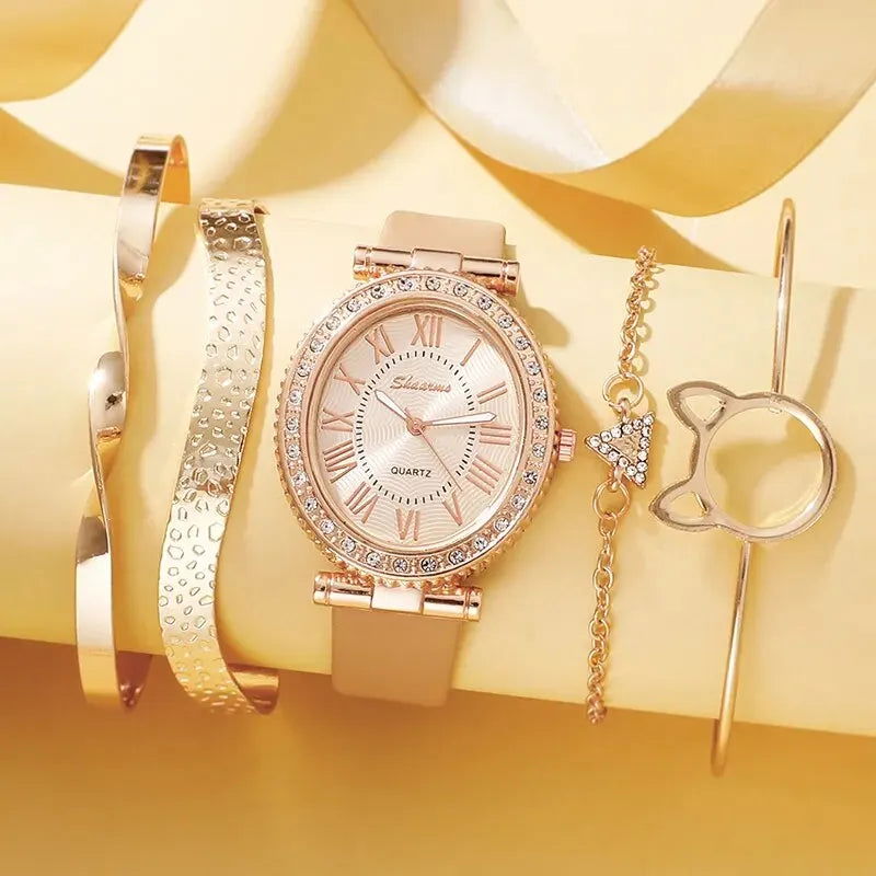 Women's Fashion Quartz Watch Luxury Leather Band Analog WristWatch Ladies Watch Women Dress Bracelet Set Reloj Mujer Clock - Slobuy