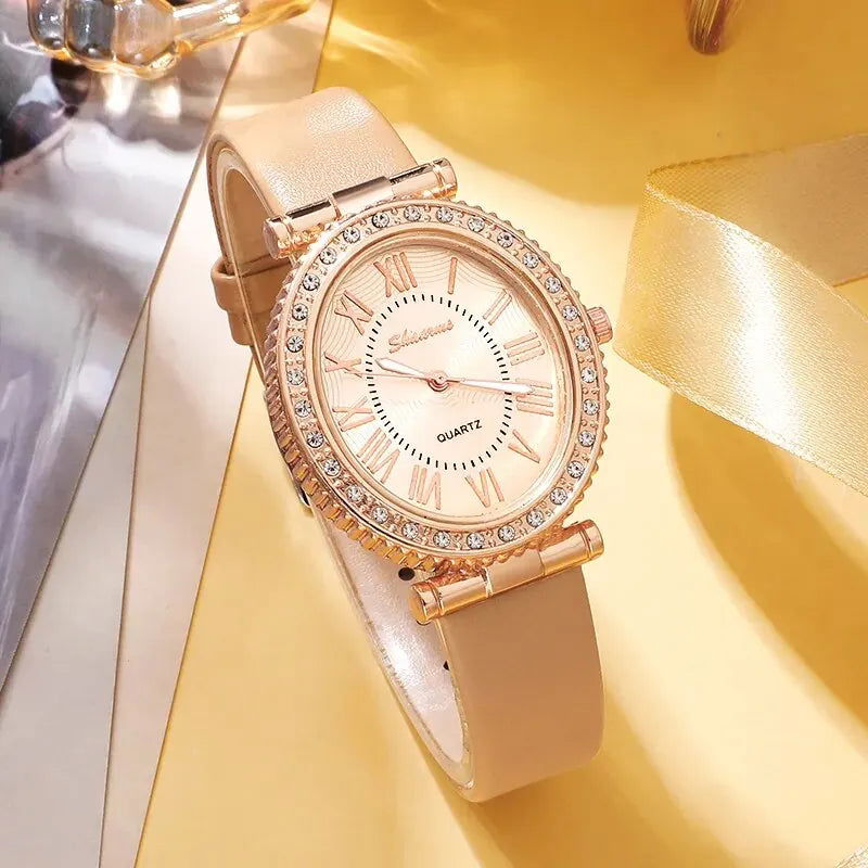 Women's Fashion Quartz Watch Luxury Leather Band Analog WristWatch Ladies Watch Women Dress Bracelet Set Reloj Mujer Clock - Slobuy