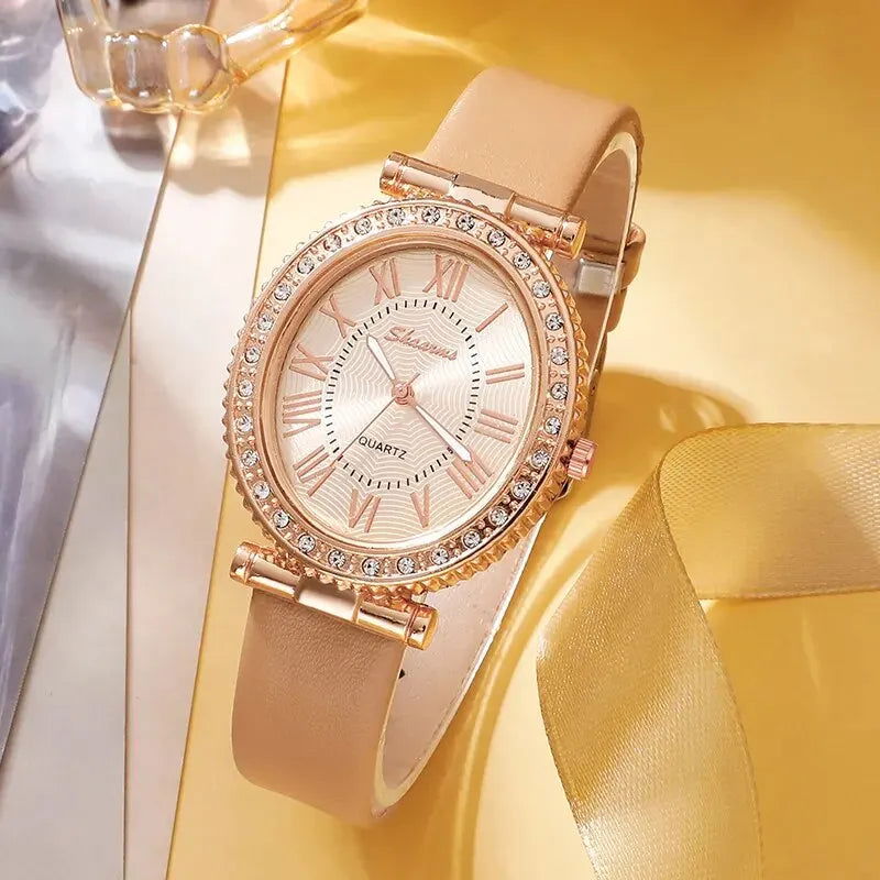 Women's Fashion Quartz Watch Luxury Leather Band Analog WristWatch Ladies Watch Women Dress Bracelet Set Reloj Mujer Clock - Slobuy