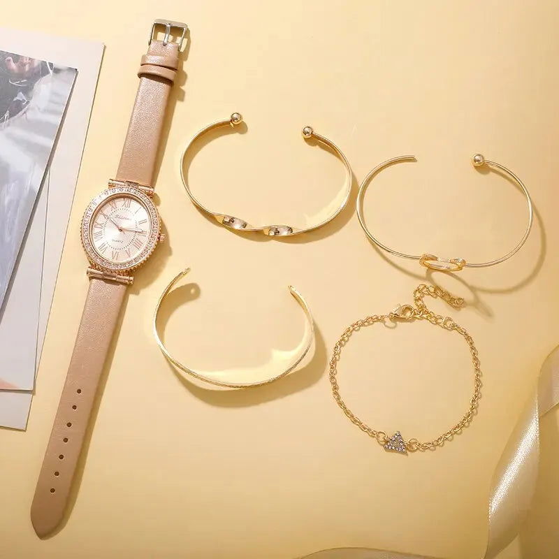 Women's Fashion Quartz Watch Luxury Leather Band Analog WristWatch Ladies Watch Women Dress Bracelet Set Reloj Mujer Clock - Slobuy
