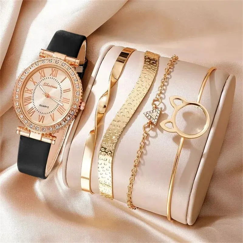 Women's Fashion Quartz Watch Luxury Leather Band Analog WristWatch Ladies Watch Women Dress Bracelet Set Reloj Mujer Clock - Slobuy