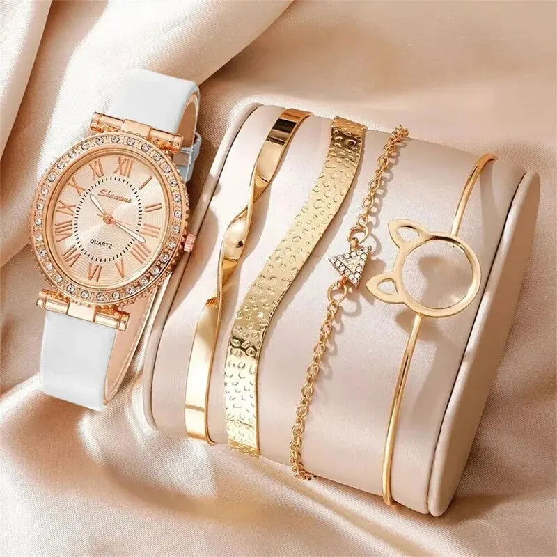 Women's Fashion Quartz Watch Luxury Leather Band Analog WristWatch Ladies Watch Women Dress Bracelet Set Reloj Mujer Clock - Slobuy