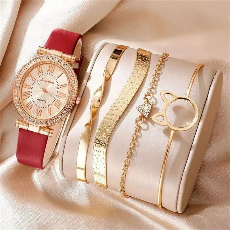 Women's Fashion Quartz Watch Luxury Leather Band Analog WristWatch Ladies Watch Women Dress Bracelet Set Reloj Mujer Clock - Slobuy