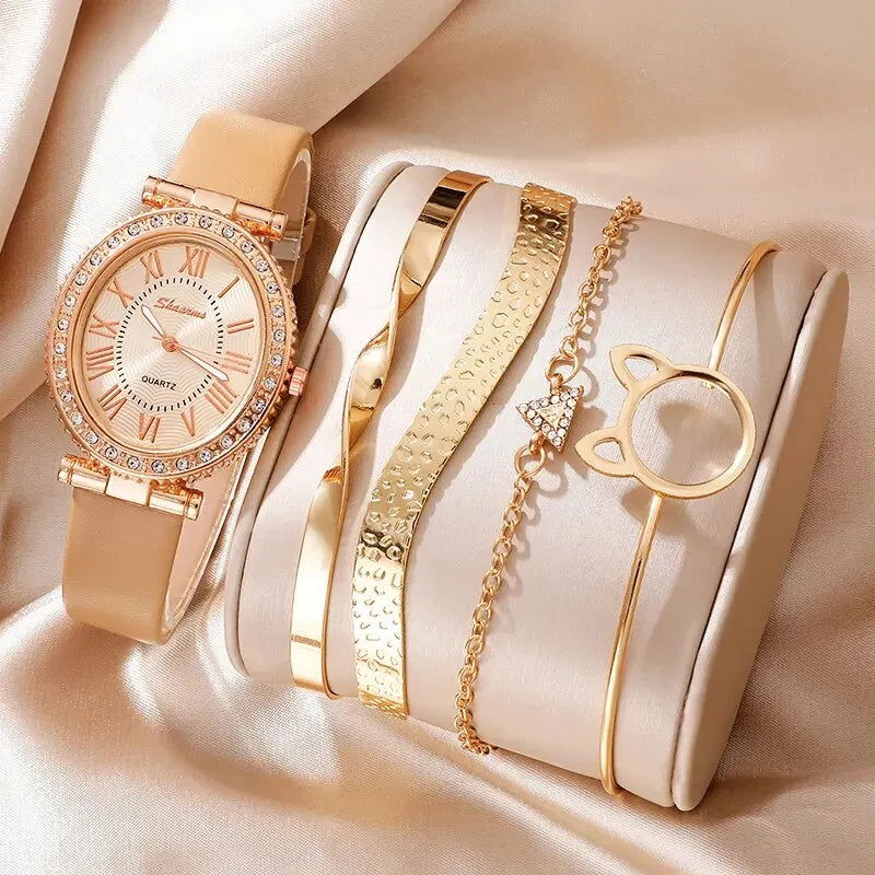 Women's Fashion Quartz Watch Luxury Leather Band Analog WristWatch Ladies Watch Women Dress Bracelet Set Reloj Mujer Clock - Slobuy