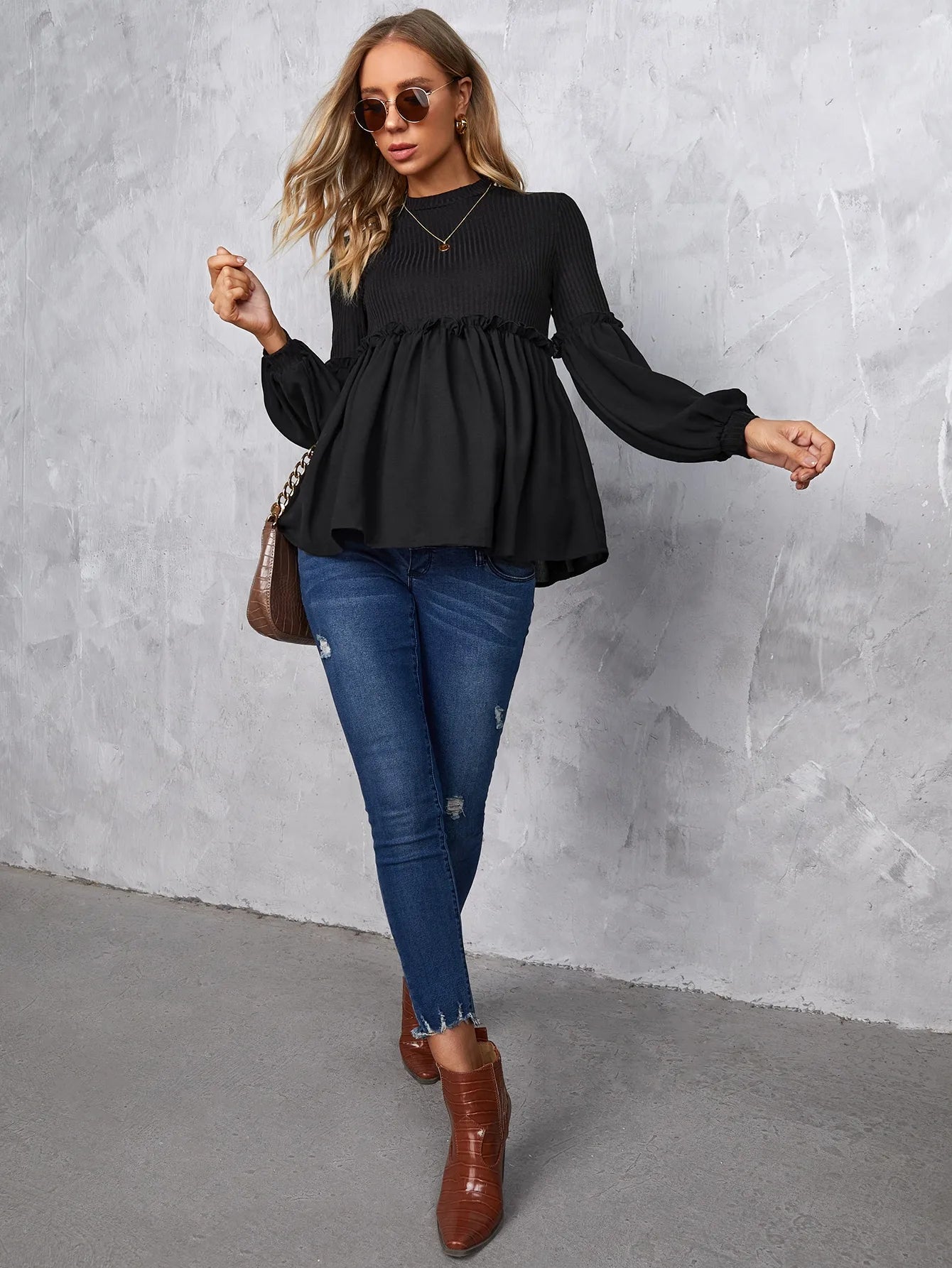 Women's Maternity Solid Pullover Patchwork Slim Fit Textured Tops, Pregnant Women's Clothing - Slobuy
