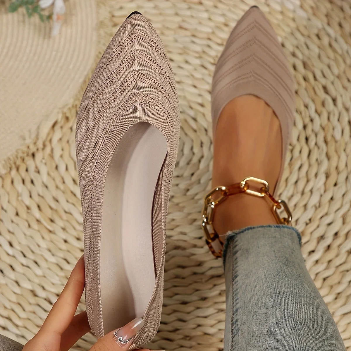 Women's Pointed Toe Flat Shoes Solid Color Knitted Slip on Shoes Casual Breathable Ballet Flats Women Flat Shoes  Loafers Women - Slobuy