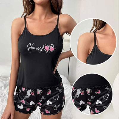 Women's Sleepwear Pyjama Set Black Comfortable Casual Print Short Sleeveless Pajamas Set Homewear - Slobuy