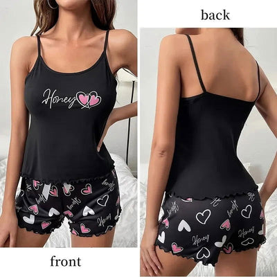 Women's Sleepwear Pyjama Set Black Comfortable Casual Print Short Sleeveless Pajamas Set Homewear - Slobuy