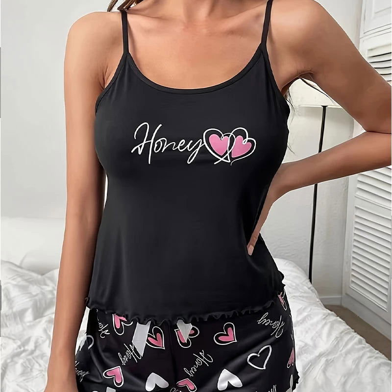 Women's Sleepwear Pyjama Set Black Comfortable Casual Print Short Sleeveless Pajamas Set Homewear - Slobuy