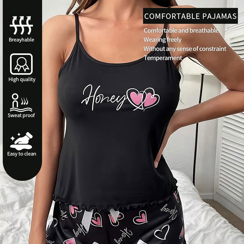 Women's Sleepwear Pyjama Set Black Comfortable Casual Print Short Sleeveless Pajamas Set Homewear - Slobuy