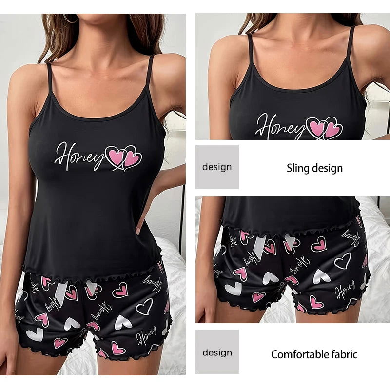 Women's Sleepwear Pyjama Set Black Comfortable Casual Print Short Sleeveless Pajamas Set Homewear - Slobuy