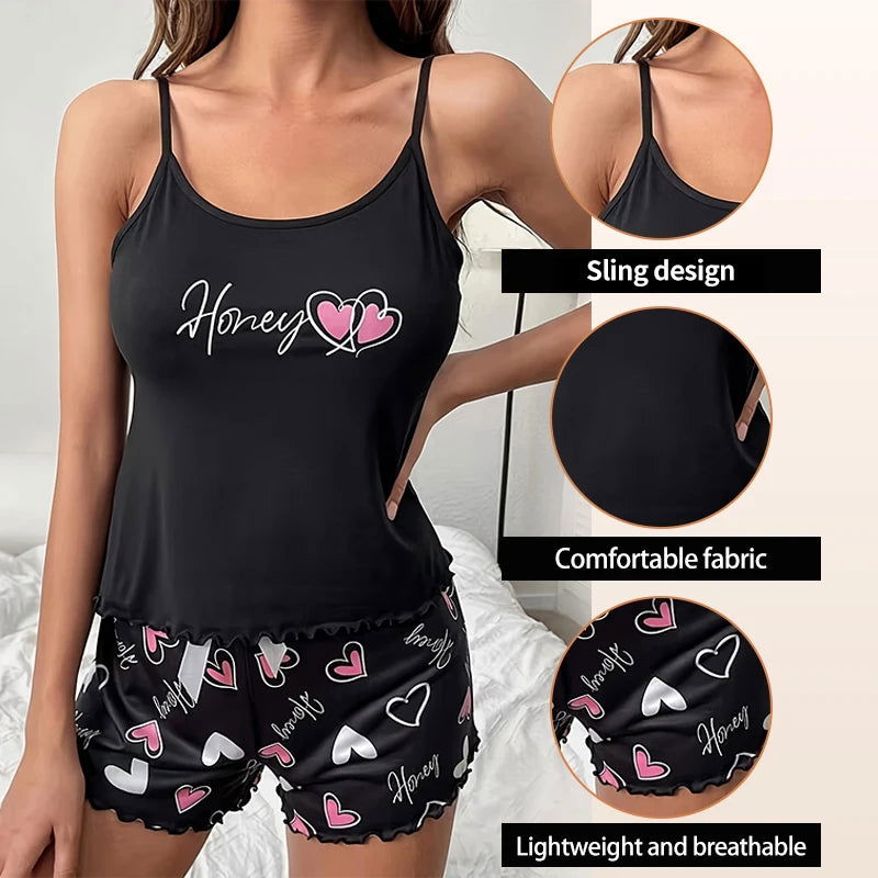 Women's Sleepwear Pyjama Set Black Comfortable Casual Print Short Sleeveless Pajamas Set Homewear - Slobuy