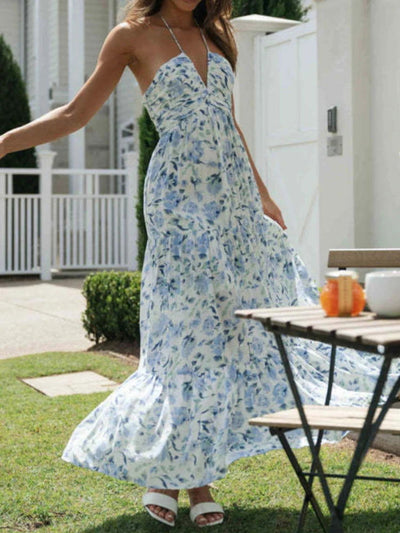 Women's Summer Chiffon Halter V Neck Sleeveless Floral Flowy A Line Maxi Dress Boho Backless Tiered Swing Long Beach Dresses - Slobuy
