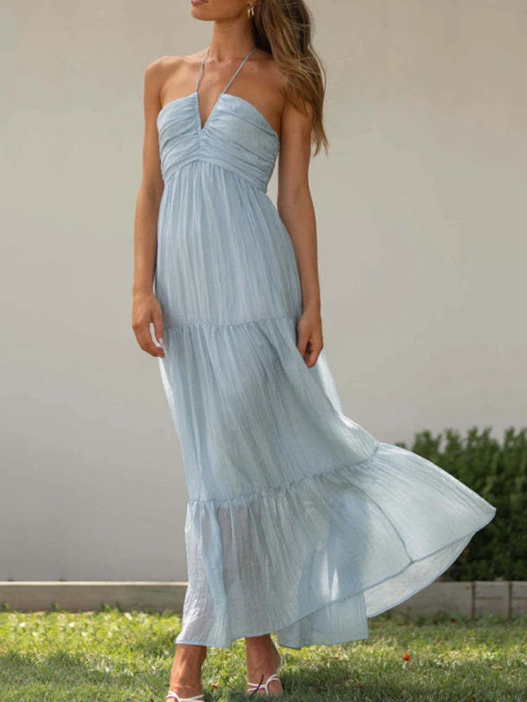 Women's Summer Chiffon Halter V Neck Sleeveless Floral Flowy A Line Maxi Dress Boho Backless Tiered Swing Long Beach Dresses - Slobuy