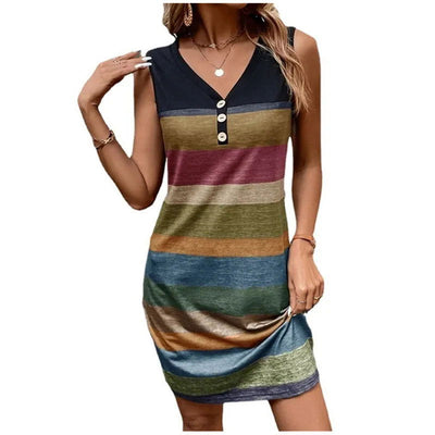 Women's Summer Sleeveless Dress Fashion Casual Striped Printed Mini Dresses Female V-Neck Button Party Dress 2024 Plus Size New - Slobuy