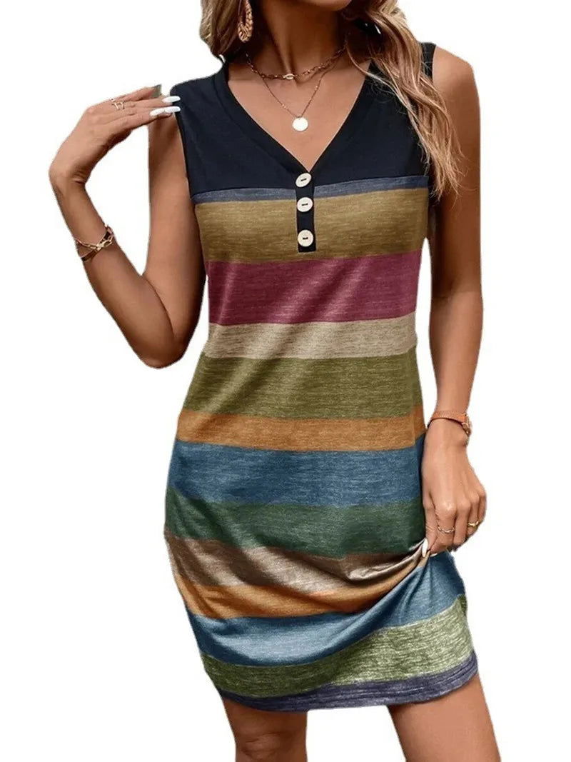 Women's Summer Sleeveless Dress Fashion Casual Striped Printed Mini Dresses Female V-Neck Button Party Dress 2024 Plus Size New - Slobuy
