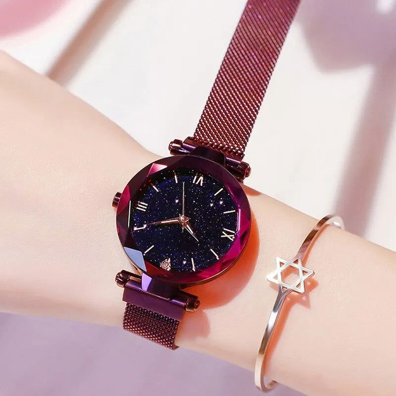 Womens Fashion Starry Sky Watches Magnet Buckle Mesh Belt Diamond Quartz Watch Women Dress Clock - Slobuy