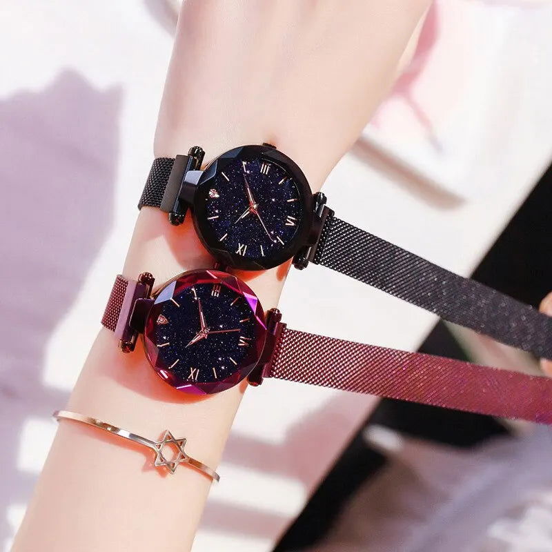 Womens Fashion Starry Sky Watches Magnet Buckle Mesh Belt Diamond Quartz Watch Women Dress Clock - Slobuy