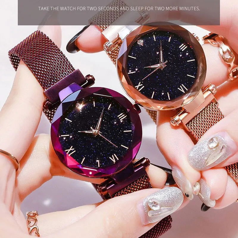Womens Fashion Starry Sky Watches Magnet Buckle Mesh Belt Diamond Quartz Watch Women Dress Clock - Slobuy