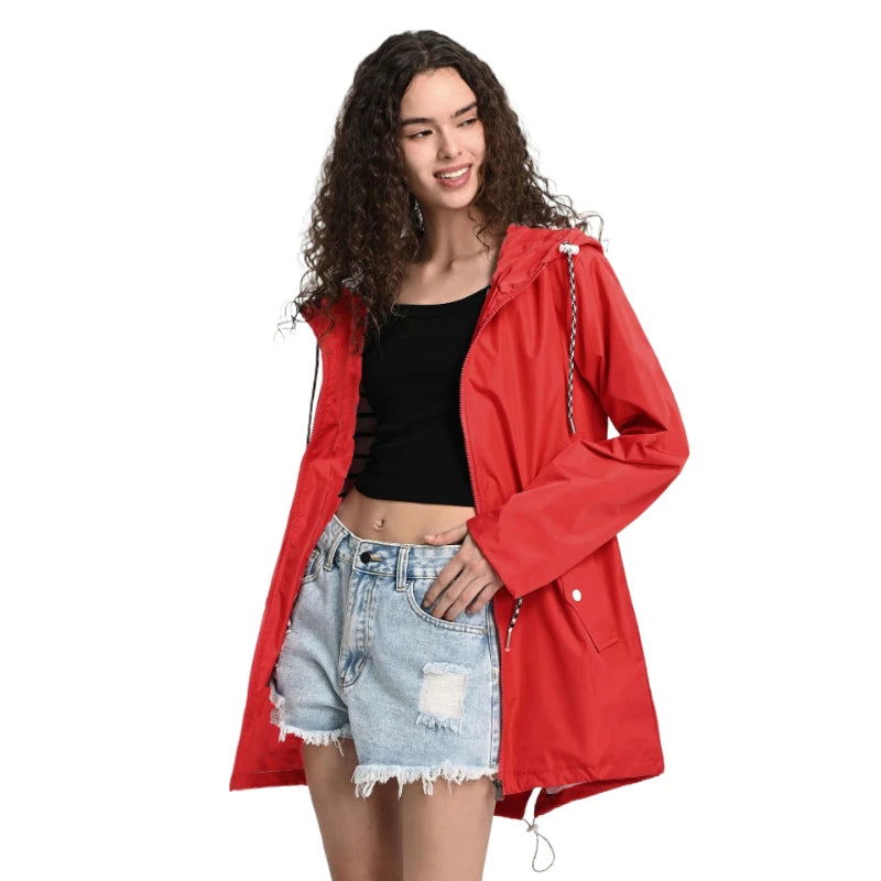 Womens Waterproof Raincoat Casual Basic Outdoors Trench Classic Zipper Long Windbreaker Outdoor Climbing Hooded Tops - Slobuy
