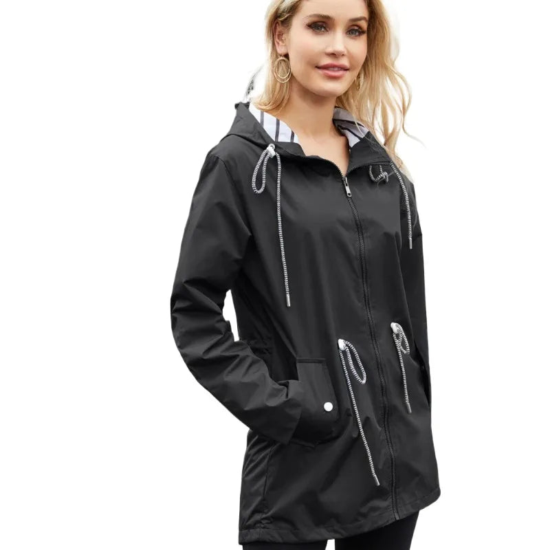 Womens Waterproof Raincoat Casual Basic Outdoors Trench Classic Zipper Long Windbreaker Outdoor Climbing Hooded Tops - Slobuy