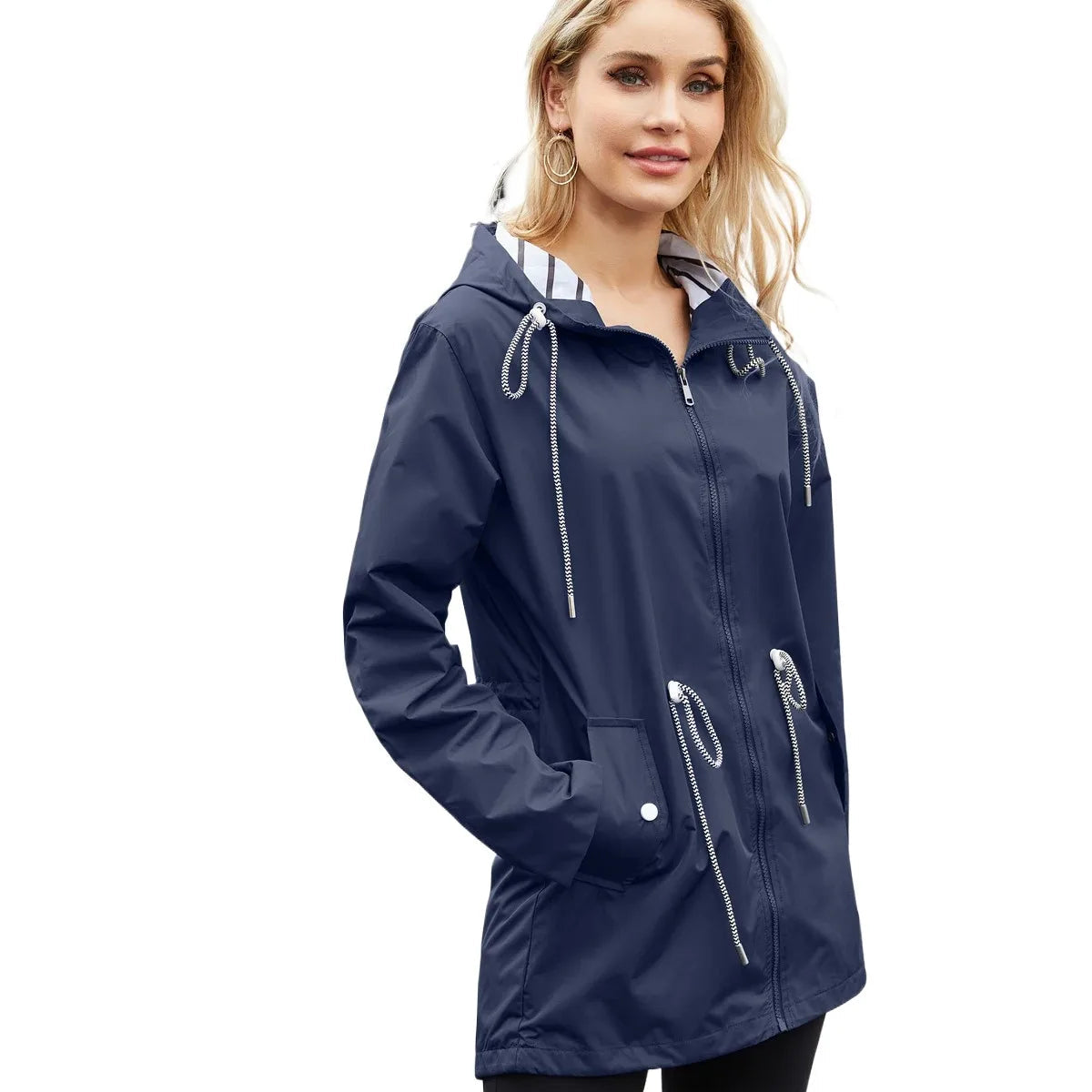Womens Waterproof Raincoat Casual Basic Outdoors Trench Classic Zipper Long Windbreaker Outdoor Climbing Hooded Tops - Slobuy