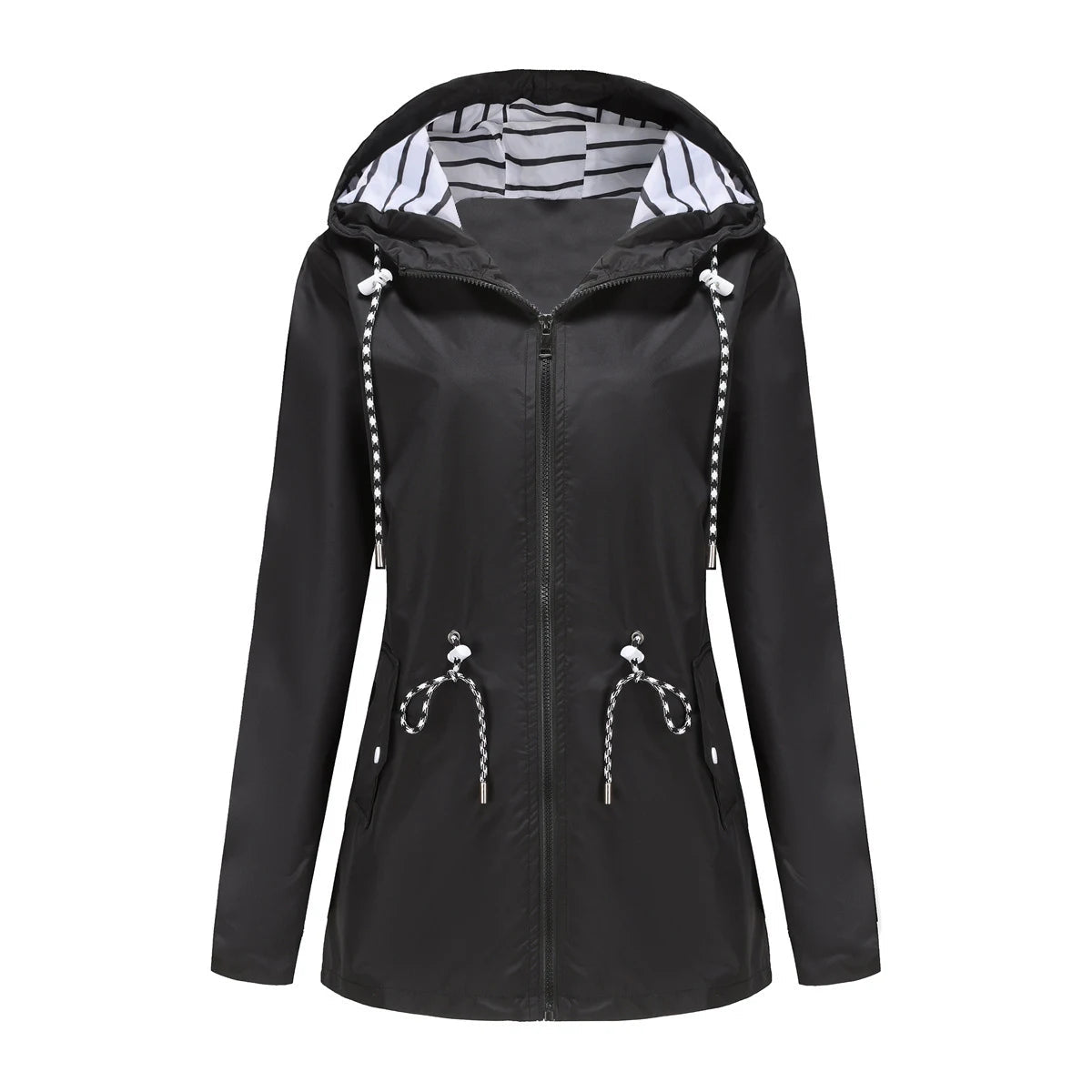 Womens Waterproof Raincoat Casual Basic Outdoors Trench Classic Zipper Long Windbreaker Outdoor Climbing Hooded Tops - Slobuy
