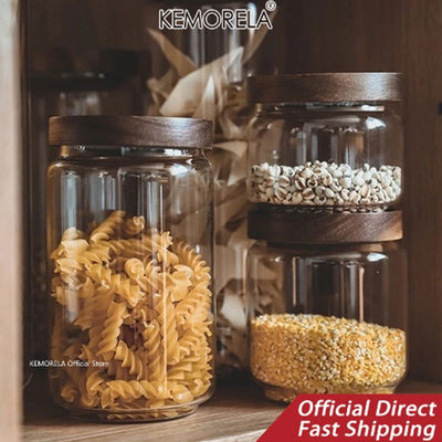 Wood Lid Glass Airtight Canister Kitchen Storage Bottles Jars Food Container Grains Tea Coffee Beans Grains Candy Jar Containers - Slobuy