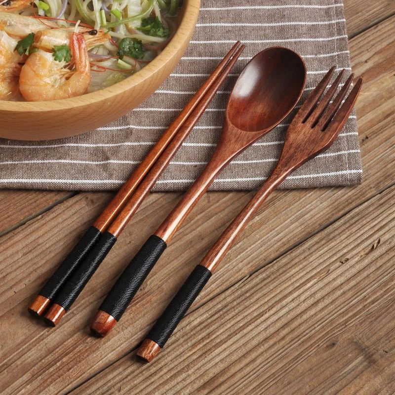 Wooden Cutlery Set Wood Spoon Fork Japanese Style Spoon Fork Chopsticks Set Long Handle Dinner Spoon Portable Tableware With Bag - Slobuy