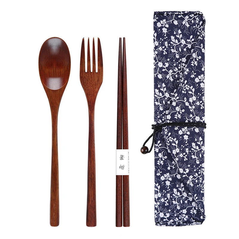 Wooden Cutlery Set Wood Spoon Fork Japanese Style Spoon Fork Chopsticks Set Long Handle Dinner Spoon Portable Tableware With Bag - Slobuy