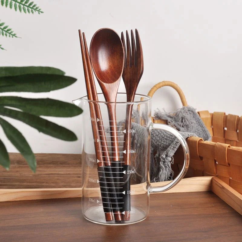 Wooden Cutlery Set Wood Spoon Fork Japanese Style Spoon Fork Chopsticks Set Long Handle Dinner Spoon Portable Tableware With Bag - Slobuy