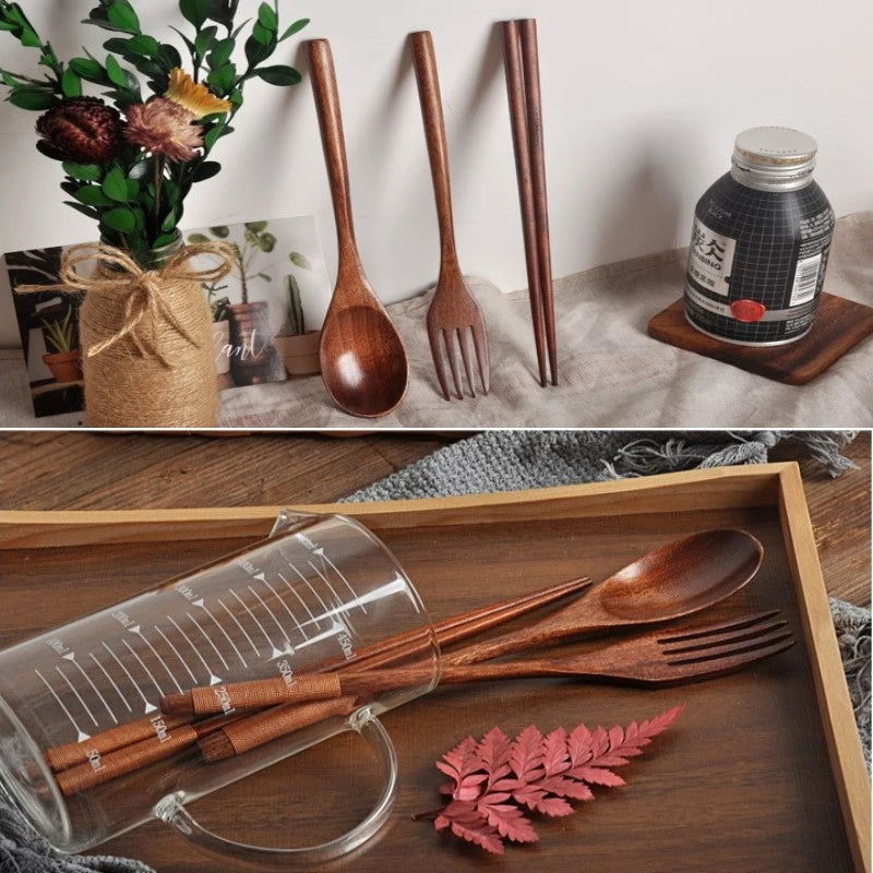 Wooden Cutlery Set Wood Spoon Fork Japanese Style Spoon Fork Chopsticks Set Long Handle Dinner Spoon Portable Tableware With Bag - Slobuy