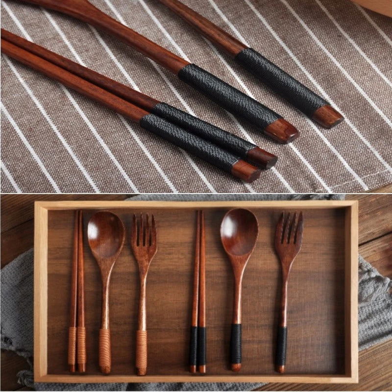 Wooden Cutlery Set Wood Spoon Fork Japanese Style Spoon Fork Chopsticks Set Long Handle Dinner Spoon Portable Tableware With Bag - Slobuy