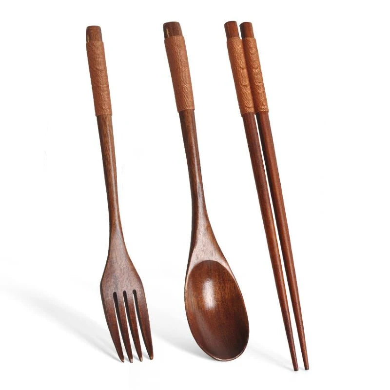 Wooden Cutlery Set Wood Spoon Fork Japanese Style Spoon Fork Chopsticks Set Long Handle Dinner Spoon Portable Tableware With Bag - Slobuy