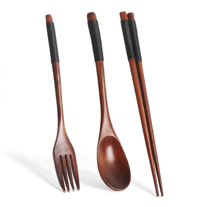 Wooden Cutlery Set Wood Spoon Fork Japanese Style Spoon Fork Chopsticks Set Long Handle Dinner Spoon Portable Tableware With Bag - Slobuy