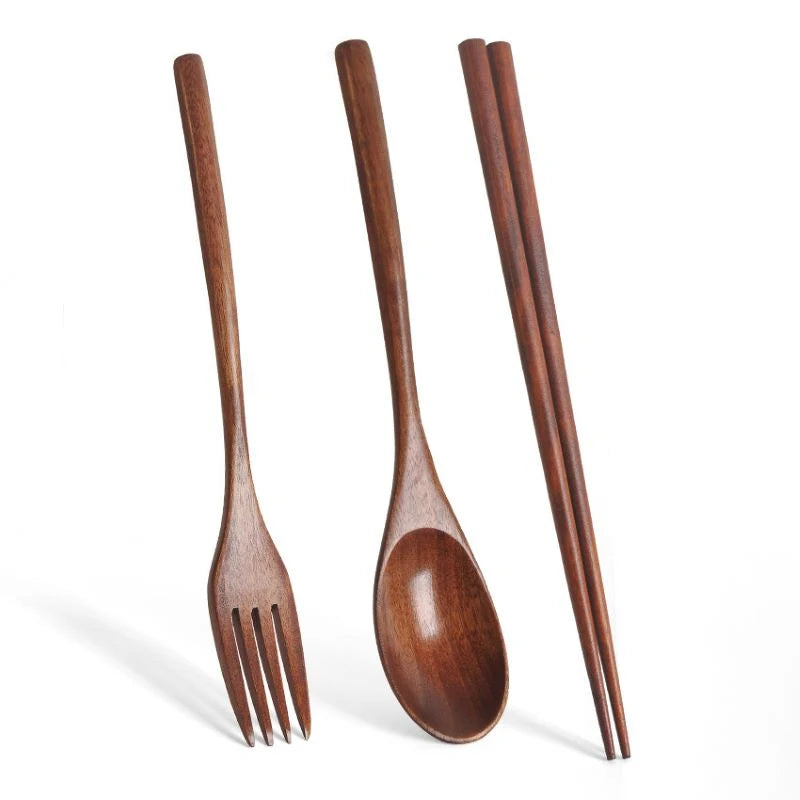 Wooden Cutlery Set Wood Spoon Fork Japanese Style Spoon Fork Chopsticks Set Long Handle Dinner Spoon Portable Tableware With Bag - Slobuy