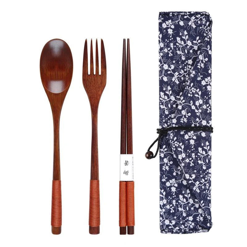 Wooden Cutlery Set Wood Spoon Fork Japanese Style Spoon Fork Chopsticks Set Long Handle Dinner Spoon Portable Tableware With Bag - Slobuy