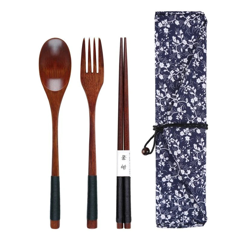 Wooden Cutlery Set Wood Spoon Fork Japanese Style Spoon Fork Chopsticks Set Long Handle Dinner Spoon Portable Tableware With Bag - Slobuy