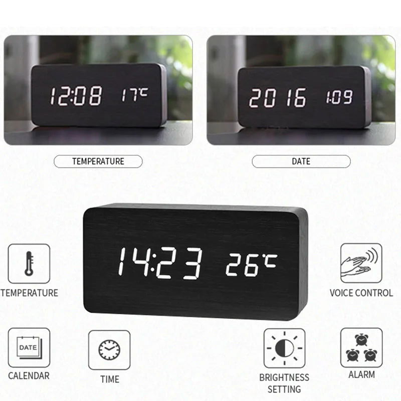 Wooden Digital Alarm Clock, LED Alarm Clock with Temperature Desk Clocks for Office,Bedside Clock - Slobuy